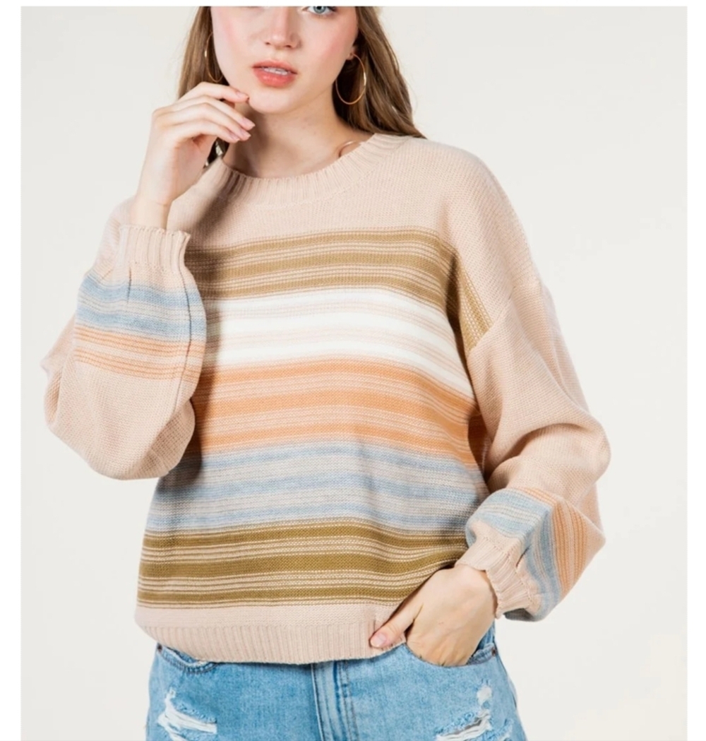 Very J Multi Color Striped Round Neck Sweater Top Size Small
